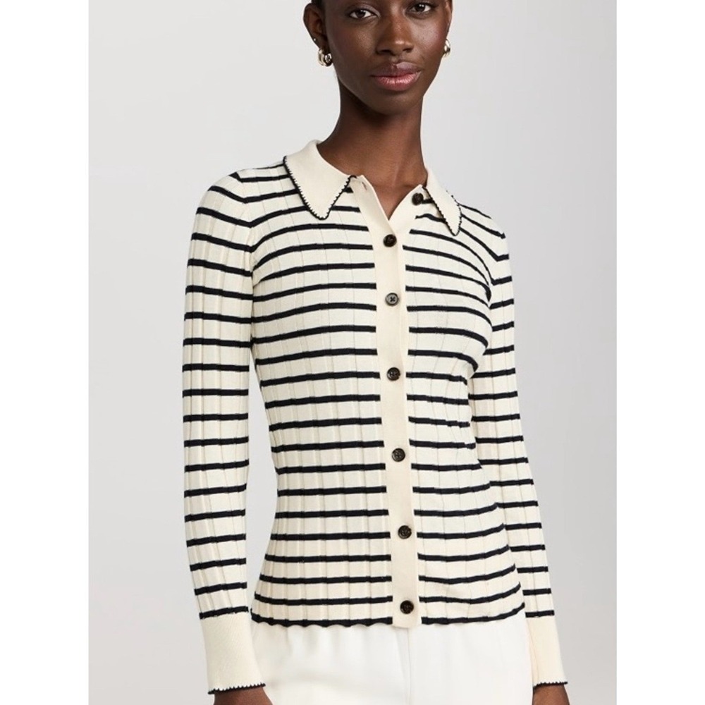 Aaron & Amber Striped Ribbed Knit Cardigan Nautical Cream Black Large Stitching